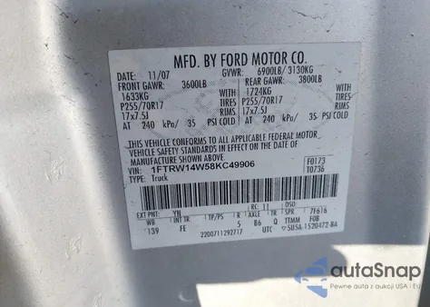 2008 Ford F-150 60Th Anniversary/Xl/Xlt z USA, uszkodzony, nr VIN 1FTRW14W58KC49906